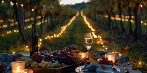Wine glass and grapes on table
