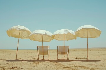 Fototapeta premium Empty beach with white umbrellas and lounge chairs under a clear sky ideal for a peaceful and private beach day