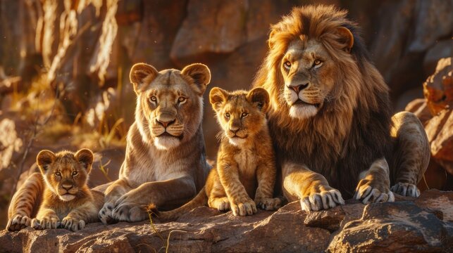 Majestic lion family resting together on rocky terrain, with a stunning natural backdrop in the African wilderness at sunset.