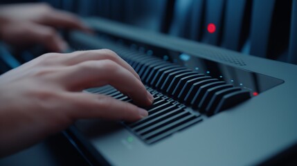 Fototapeta premium A person configuring firewall settings on a network router, high-resolution photo, realistic photo, cinematography