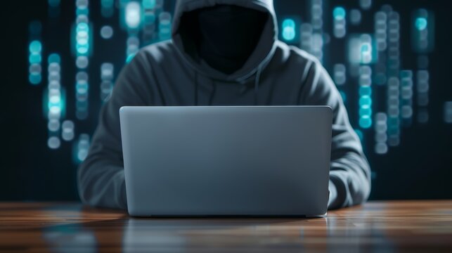 A hacker wearing a hoodie working on a laptop with digital codes floating around, high-resolution photo, realistic photo, cinematography