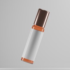 amber glass roll-on bottle with a rose gold cap, featuring a blank white label. The bottle is floating against a minimalist white background, ideal for showcasing perfume or essential oil packaging 