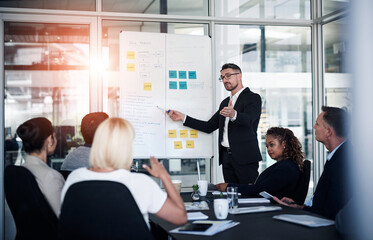 Whiteboard, man and conference with staff in office for workflow steps, diagram or teamwork for web design. Male presenter, developer and meeting of strategy process, chart and interface feedback