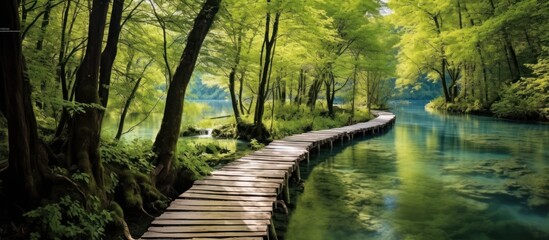 Naklejka premium A Winding Wooden Path Through a Lush Forest