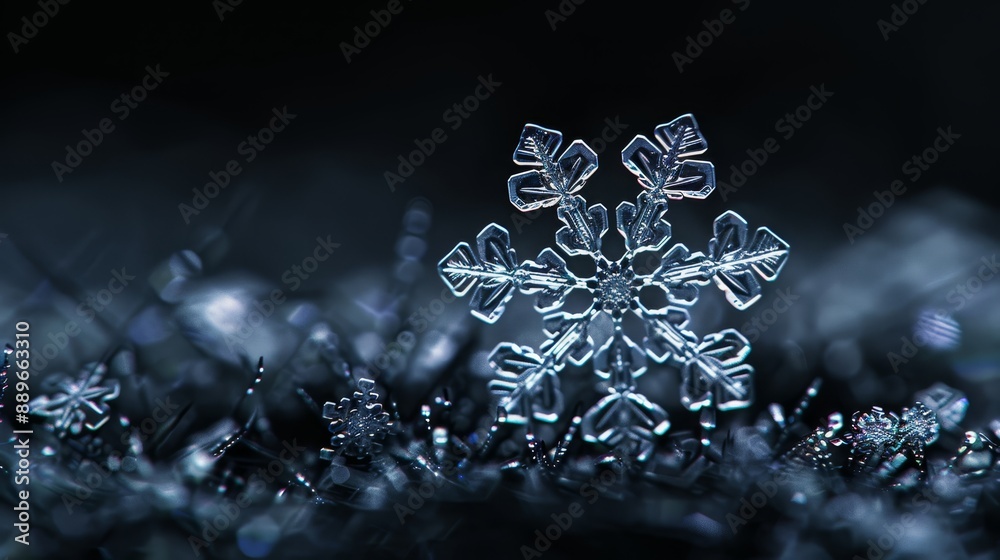 Sticker  A tight shot of a snowflake displaying miniature snowflakes along its edges