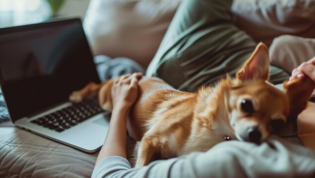 A person is massaging their back while laying on the sofa with an adorable chihuahua dog lying next to them, in front of them is an open laptop computer Generative AI