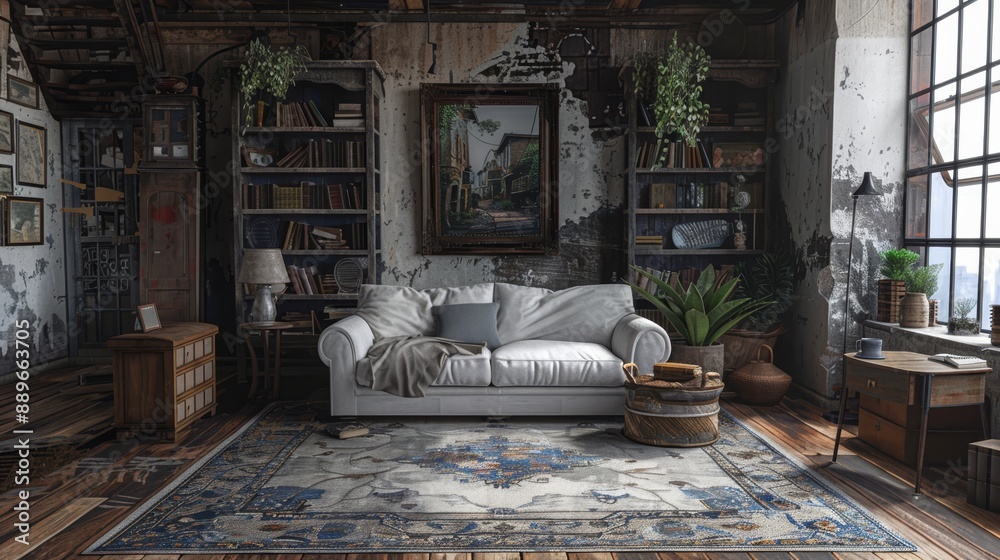 Wall mural  A white couch sits atop a wooden floor in a living room, adjacent to a book-filled shelves