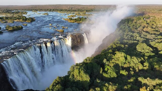 Famous Water Falls At Victoria Falls Matabeleland North Zimbabwe. Powerful Waterfall Cascading Over Rocky Cliff Into Mist. Landscape Sky Clouds Waterfall Tropical. Landscape Waterfall Powerful Flow.