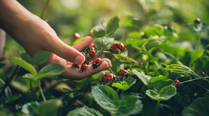 Hands Releasing Ladybugs into a Garden for Natural Pest Control Surrounded by Lush Greenery