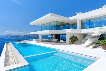 Fototapeta premium Modern luxury villa with infinity pool overlooking the ocean perfect for a high end tropical getaway