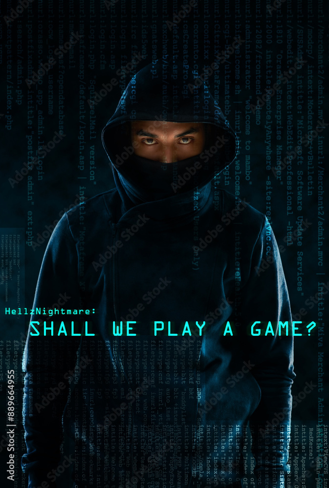 Aufkleber overlay, crime and portrait of hacker in hoodie on dark or black background with code, fraud and vir