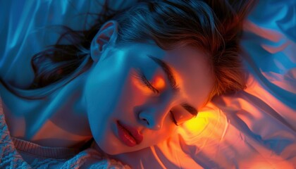 Fototapeta premium Beautiful woman sleeping in bed, night light on her face, orange and blue colors, neon effect, close-up, beautiful woman with brown hair