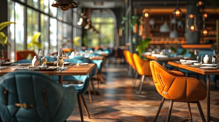  A restaurant with blue and orange chairs arranges around a wooden table The table is set with plates of food and glasses of wine