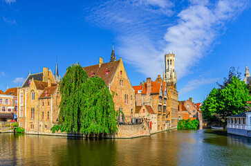 Fototapeta premium Bruges cityscape, Brugge old town scenic view historic city centre, Rosary Quay Rozenhoedkaai embankment, Boutique Hotel Relais Bourgondisch Cruyce, Belfort Belfry tower, Dijver water canal, Belgium