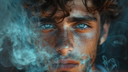  A man's face, tightly framed, exudes smoke from his eyes while he clutches a cigarette between his lips