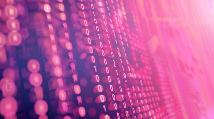 Pink and purple lights shine on a screen displaying a matrix of binary code, with the background blurred.