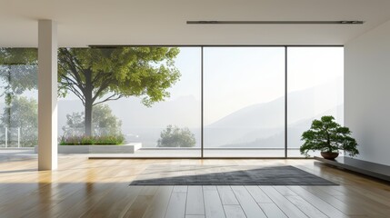  A spacious living room boasts a large window and a potted plant at its heart The breathtaking view of towering mountains unfolds beyond