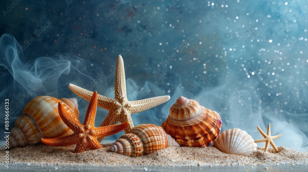 Canvas Prints  A collection of starfish and seashells on a sandy beach with smoke rising from their tops