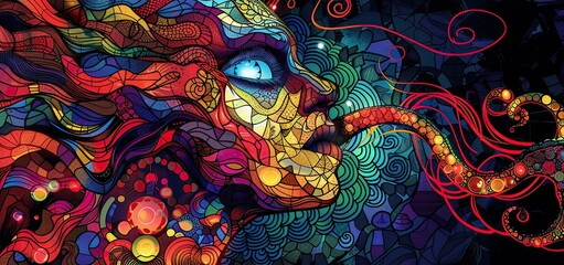 A colorful painting of a woman with a long tongue