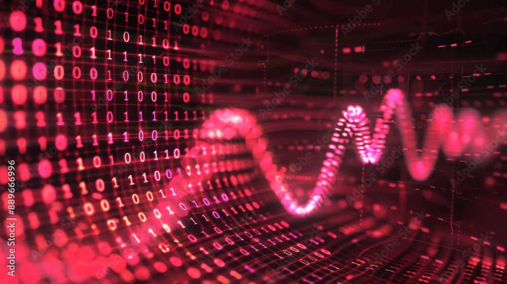 Poster A digital red waveform travels through a grid of binary code.