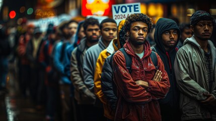 Obraz premium Diverse group of people standing in line to vote
