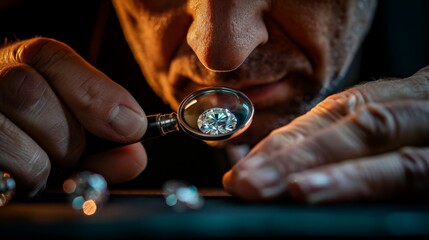  A tight shot of a hand cradling a magnifying glass The diamond-encrusted lens is prominently featured, focusing on a small object beneath it