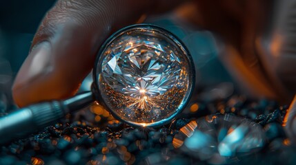  A hand tightly holds a magnifying glass, its lens focusing on a solitary diamond