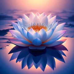 Tableau sur plexiglas Salle de bain A close up of a Lotus flower on a lagun light whit reflexion background, created with A.I. generative.  © Ulises