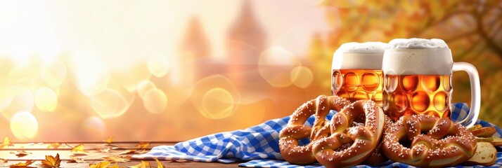 Oktoberfest celebration. Horizontal banner. Pretzels, beer, tablecloth in the colors of Bavarian flag on a wooden table. Autumn background. Traditional German festival in Munich. Free space for text