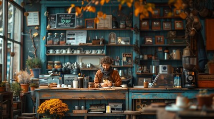 Man Enjoying Coffee in a Quaint Cafe With Warm Autumn Ambiance