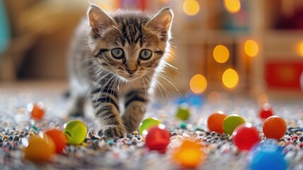 A curious kitten with wide eyes exploring colorful balls scattered on the floor, with a bokeh background of warm lights.