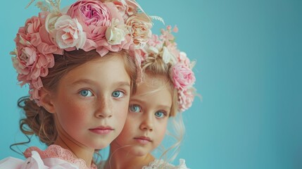  Two little girls wear flower crowns, one gazes at the camera while the other does likewise