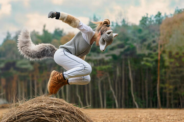 Furry teen jumping. Therian girl in wolf, fox mask. Quadrobics fandom subculture. Teenager in animal costume, tail, furry mask. Therianthropy, disguise. Sport jump, nature background. Teen subculture