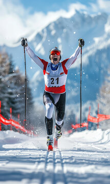 Professional cross country skier celebrating with hands up in the air and screaming