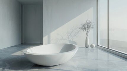 A white bathtub sits in a bathroom beside a tall, white vase topped with a plant