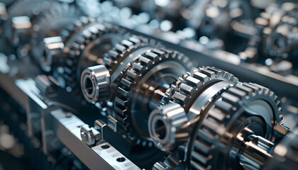 Naklejka premium Engineering machinery mechanism, industrial gear or cogwheel technology engine equipment, factory business manufacturing design concept, steel transmission part connection