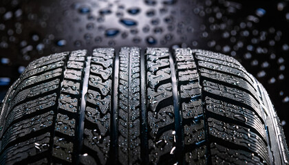 A close-up of a wet tire tread reveals intricate patterns