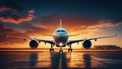 Airplane landing at sunset