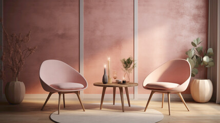 Retreat to a Nordic-inspired retreat with two chrs in soothing hues, a central table, and an empty canvas agnst a backdrop of pure pink, white, or yellow.