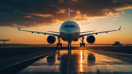 Airplane landing at sunset