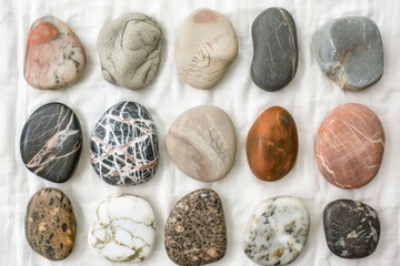 A collection of smooth river stones arranged in a pattern on a white cloth. Illustration on a clear white background --ar 3:2 --style raw Job ID: 6a368d75-69b4-4e38-956c-d5045b91183b