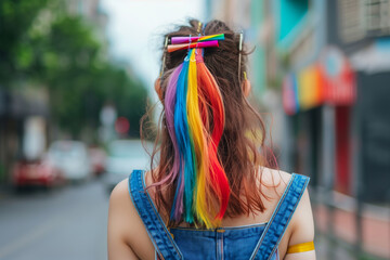 Obraz premium Teen Girl With Rainbow Hair Walking Down City Street