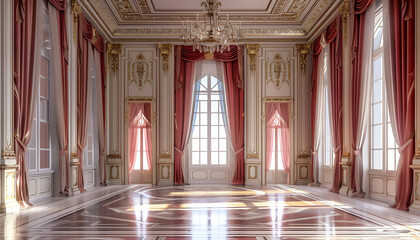 Ballroom interior, beautiful banquet hall in royal medieval castle with curtains, Empty room for ceremony and events