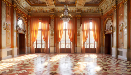 Ballroom interior, beautiful banquet hall in royal medieval castle with curtains, Empty room for ceremony and events