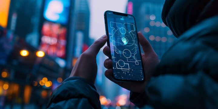 Hands of a man holding a cell phone with futuristic logos representing internet security and cybersecurity.