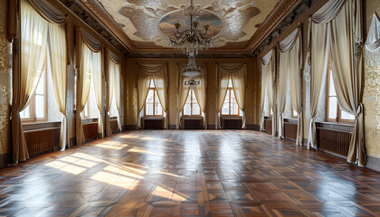 Fototapeta premium Ballroom interior, beautiful banquet hall in royal medieval castle with curtains, Empty room for ceremony and events