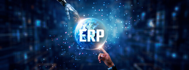 Hands of robot and human touching on ERP icon global network connection, supply chain management, inventory control, financial management, and artificial intelligence technology........