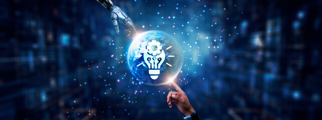 Hands of robot and human touching on innovation technology icon global network connection, smart systems, automation, data analytics, and artificial intelligence technology........