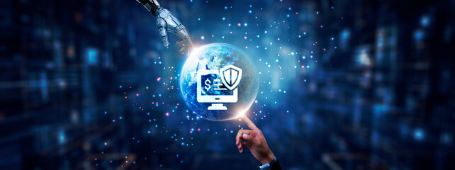 Hands of robot and human touching on insurance icon global network connection, risk assessment,...