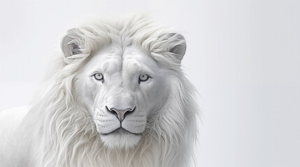Majestic White Lion with Intense Gaze on Minimalist White Background for Wildlife Portrait and Animal Photography